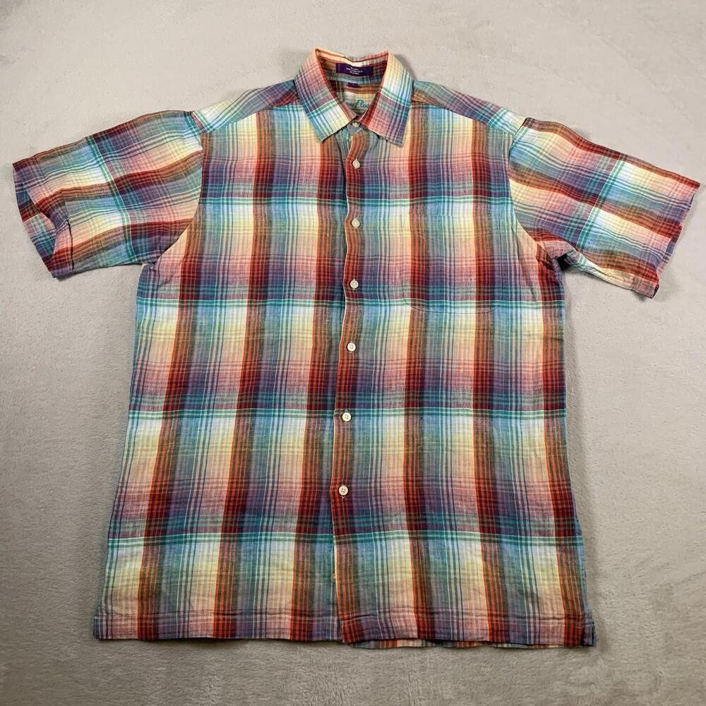Alan Flusser Shirt Mens Medium Multicolor Rainbow 100% Linen Short Sleeve Plaid